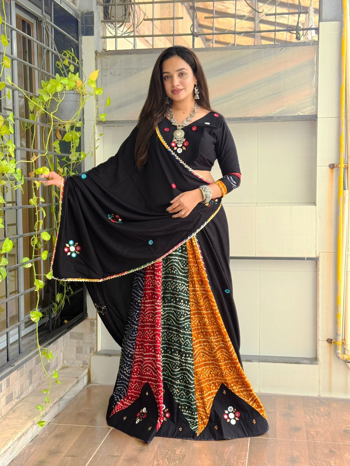 Navratri Collection Vol-5 Pure Rayon Bandhej Print Lehenga with Real Mirror Work, Blouse & Dupatta