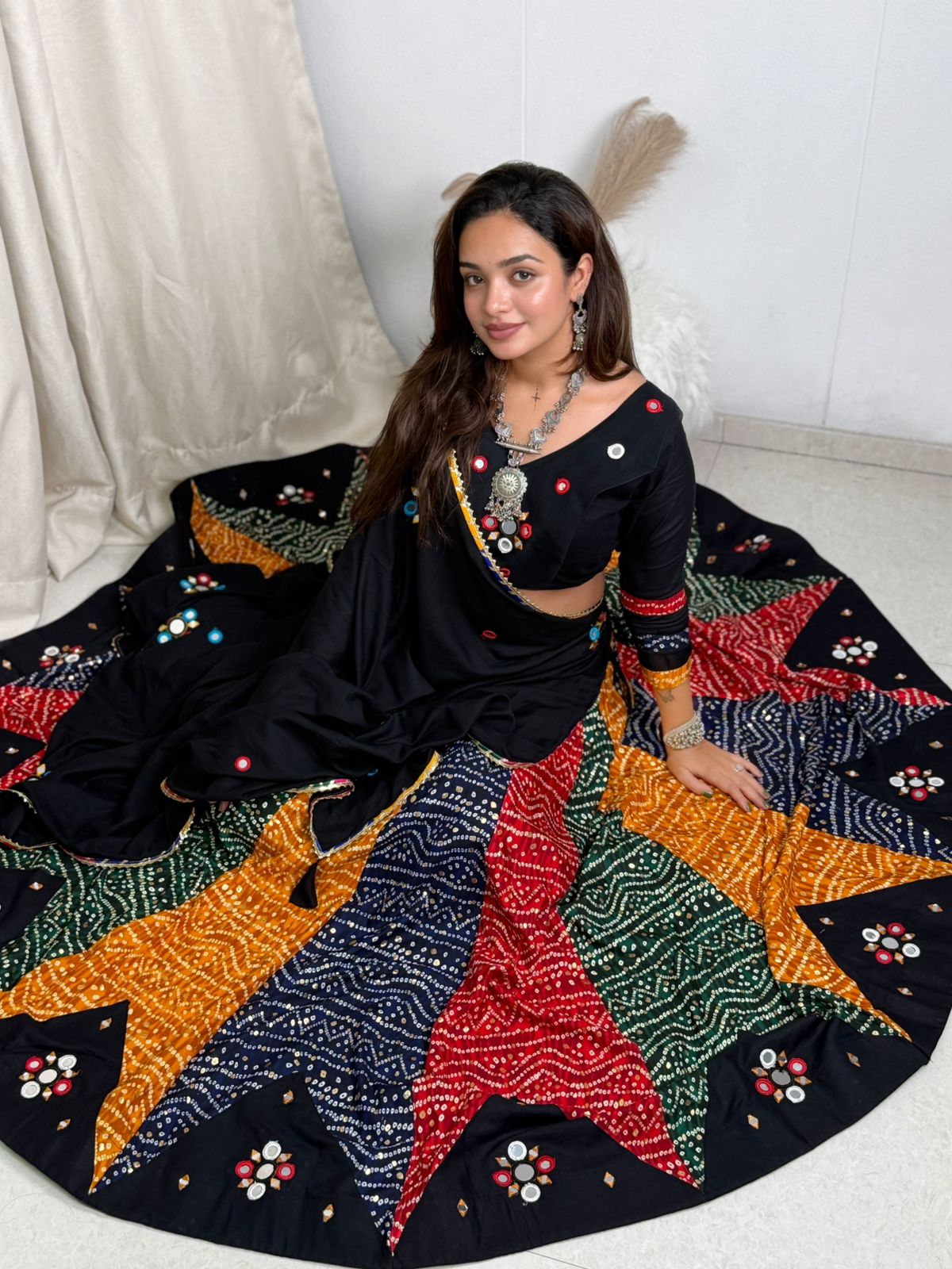 Navratri Collection Vol-5 Pure Rayon Bandhej Print Lehenga with Real Mirror Work, Blouse & Dupatta