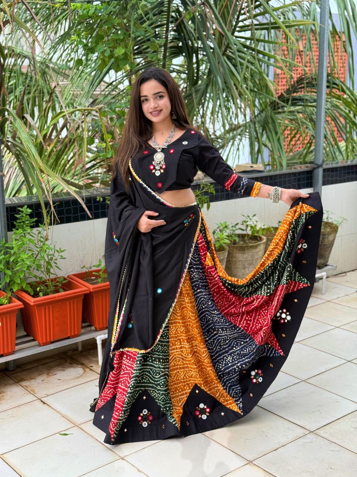 Navratri Collection Vol-5 Pure Rayon Bandhej Print Lehenga with Real Mirror Work, Blouse & Dupatta