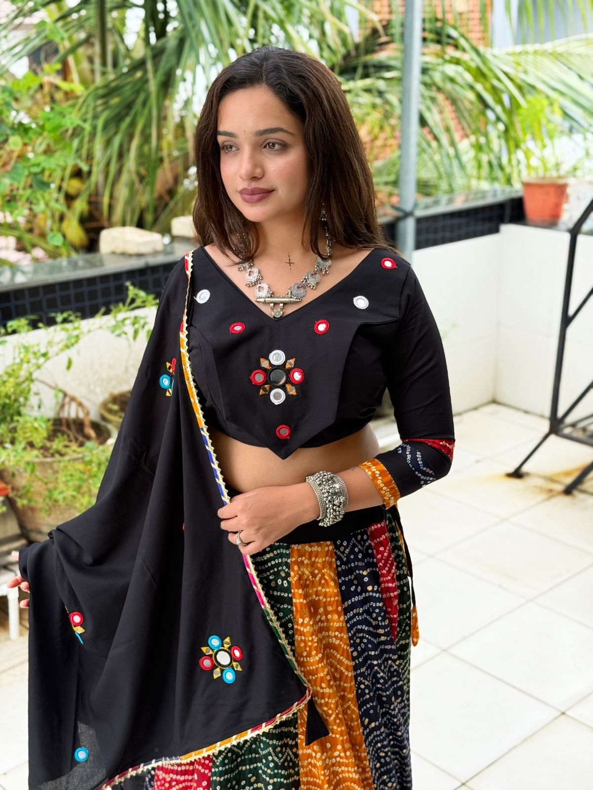 Navratri Collection Vol-5 Pure Rayon Bandhej Print Lehenga with Real Mirror Work, Blouse & Dupatta