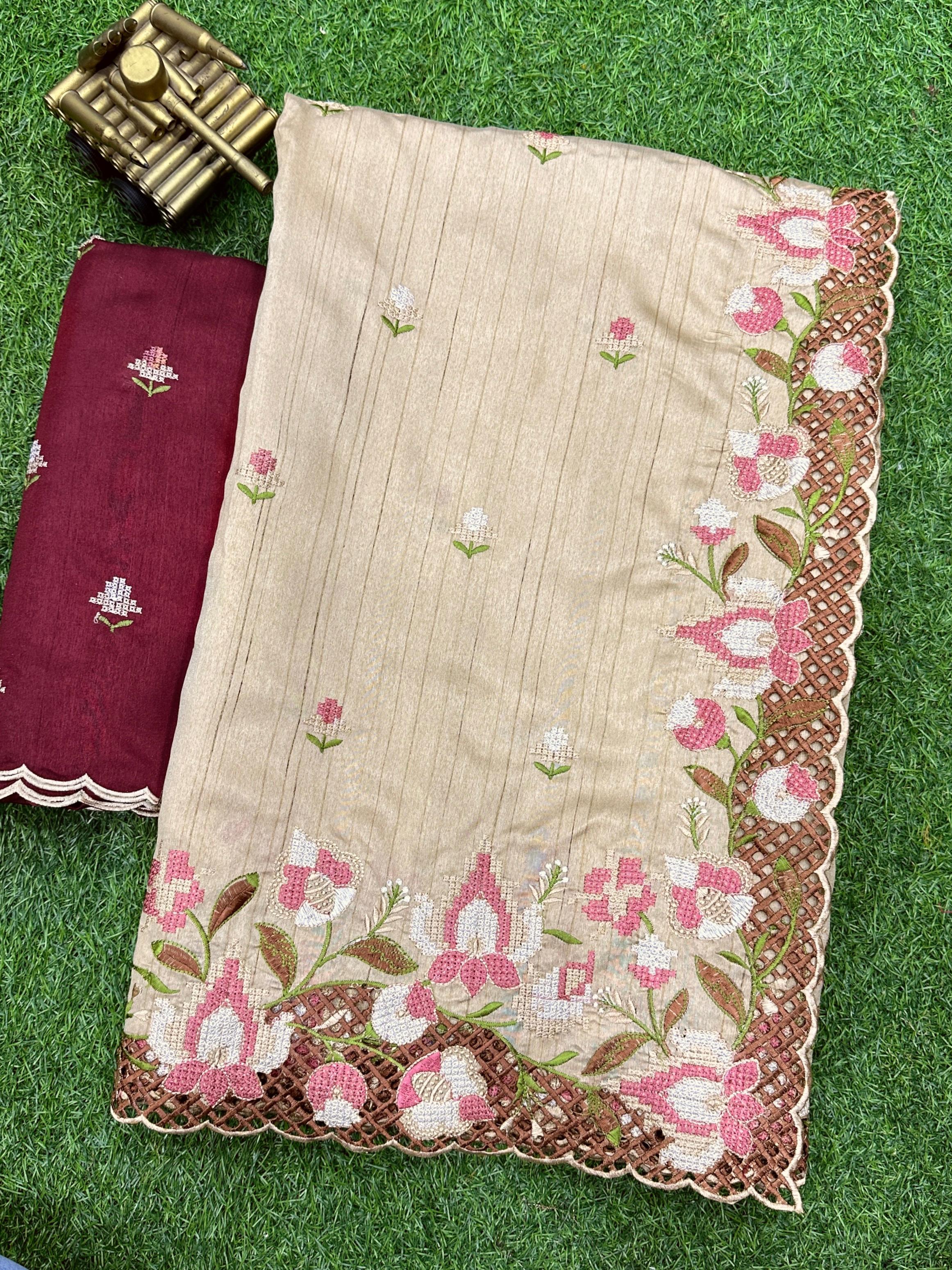 Visca Slub Silk Saree with Thread Embroidery & Cutwork Border – Elegant Party & Wedding Wear