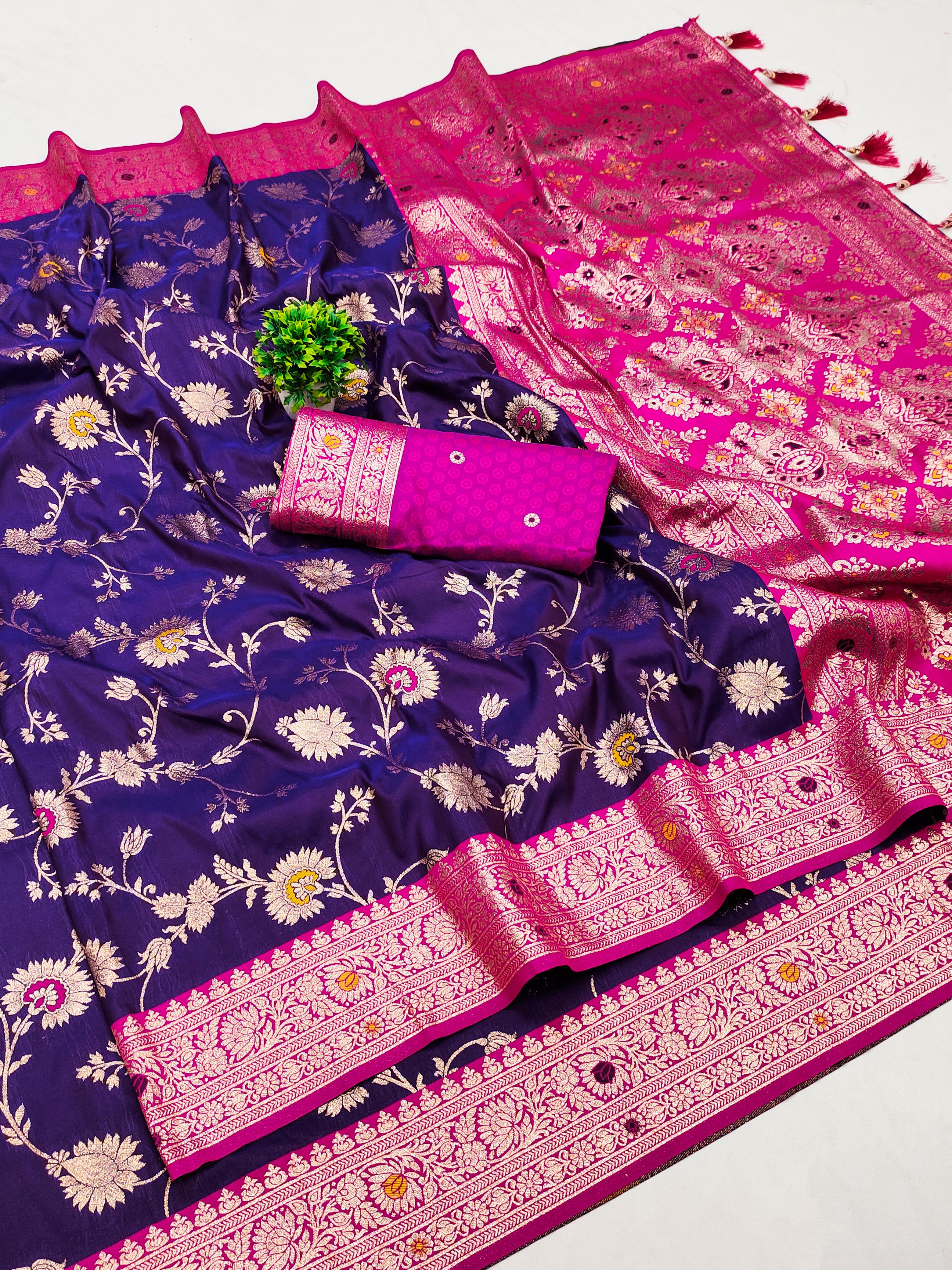 Soft Banarasi Silk Saree with Zari Weaving & Meenakari Work – Rich Pallu & Contrast Border