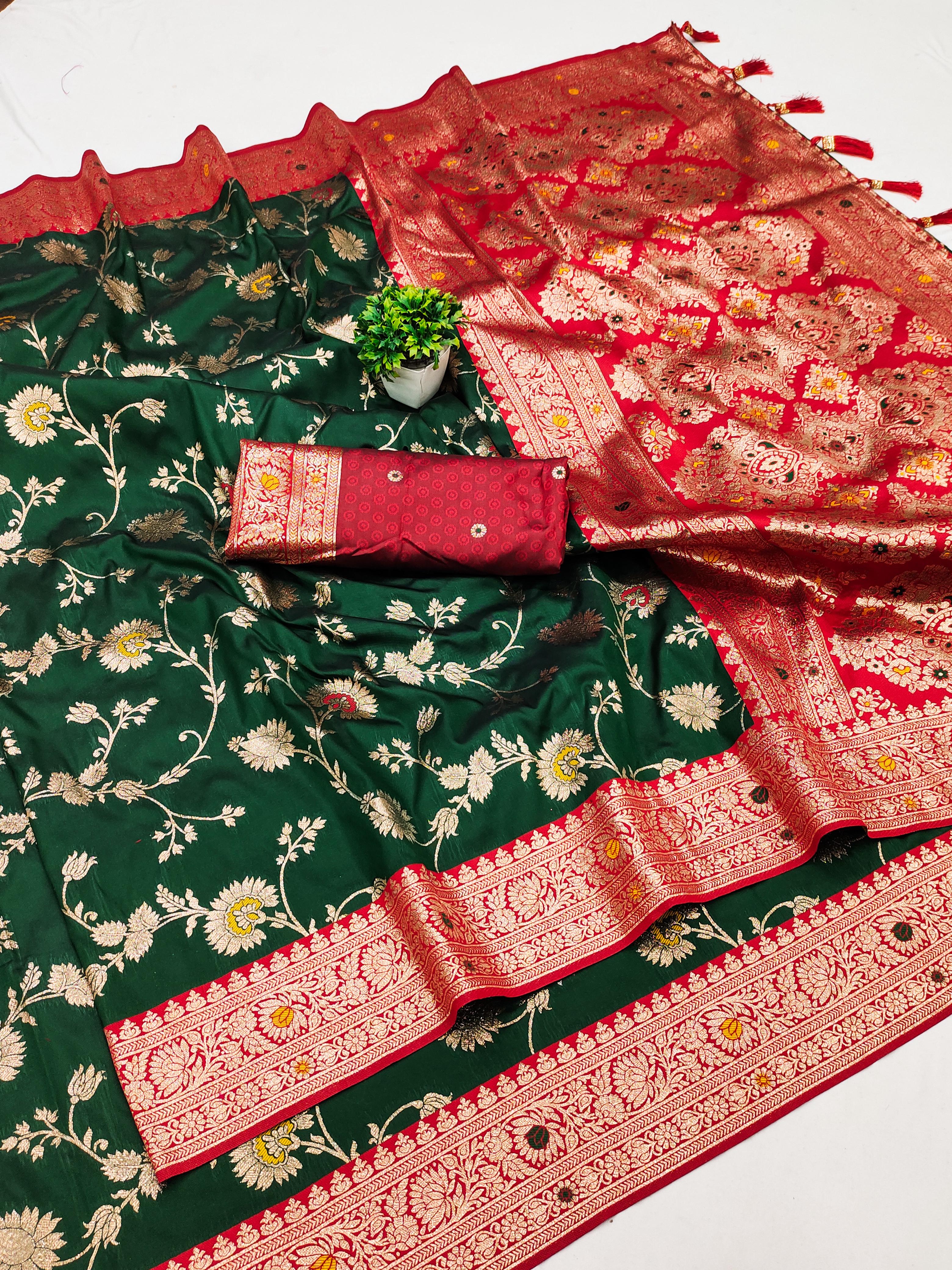 Soft Banarasi Silk Saree with Zari Weaving & Meenakari Work – Rich Pallu & Contrast Border