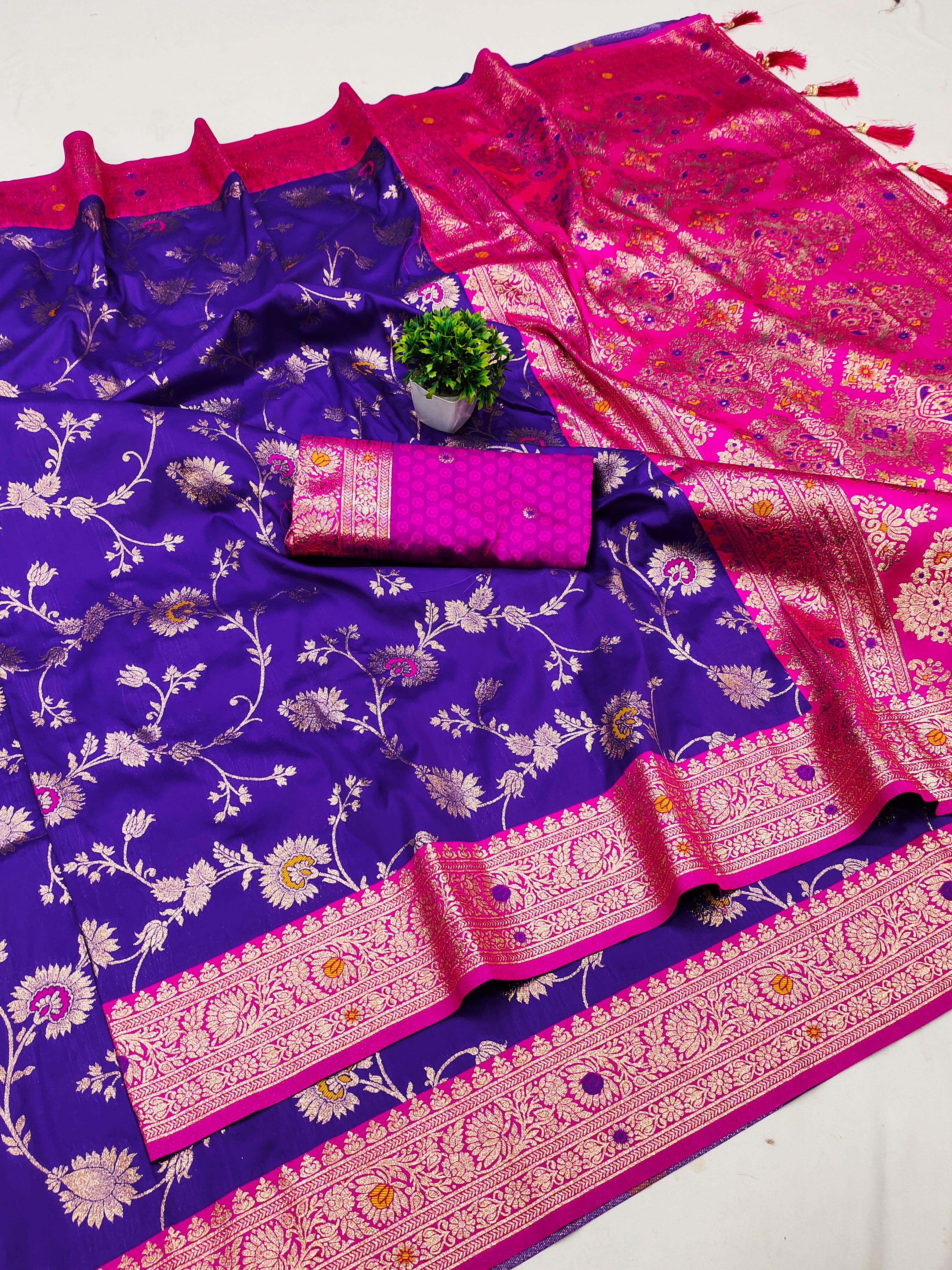 Soft Banarasi Silk Saree with Zari Weaving & Meenakari Work – Rich Pallu & Contrast Border