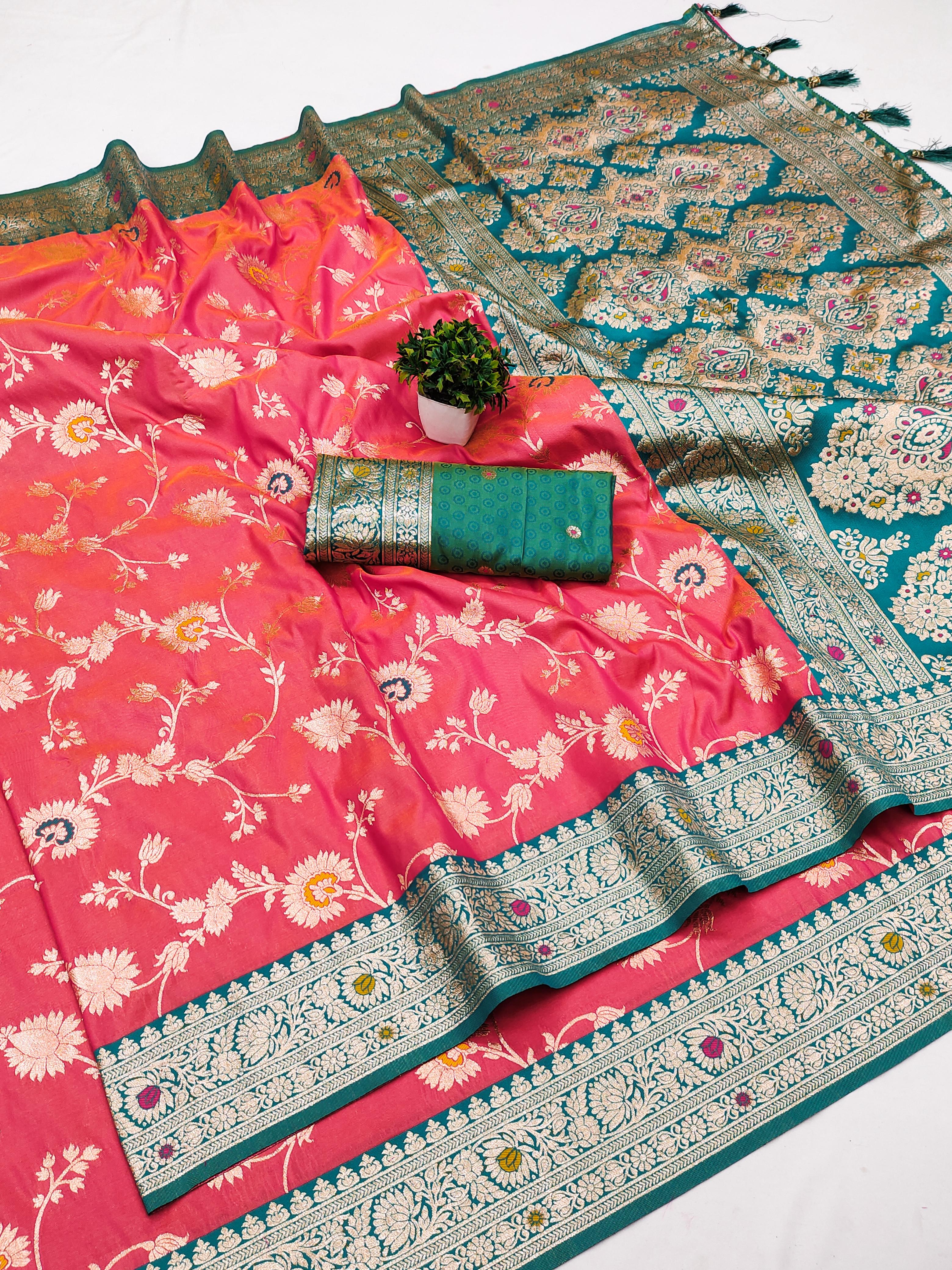 Soft Banarasi Silk Saree with Zari Weaving & Meenakari Work – Rich Pallu & Contrast Border