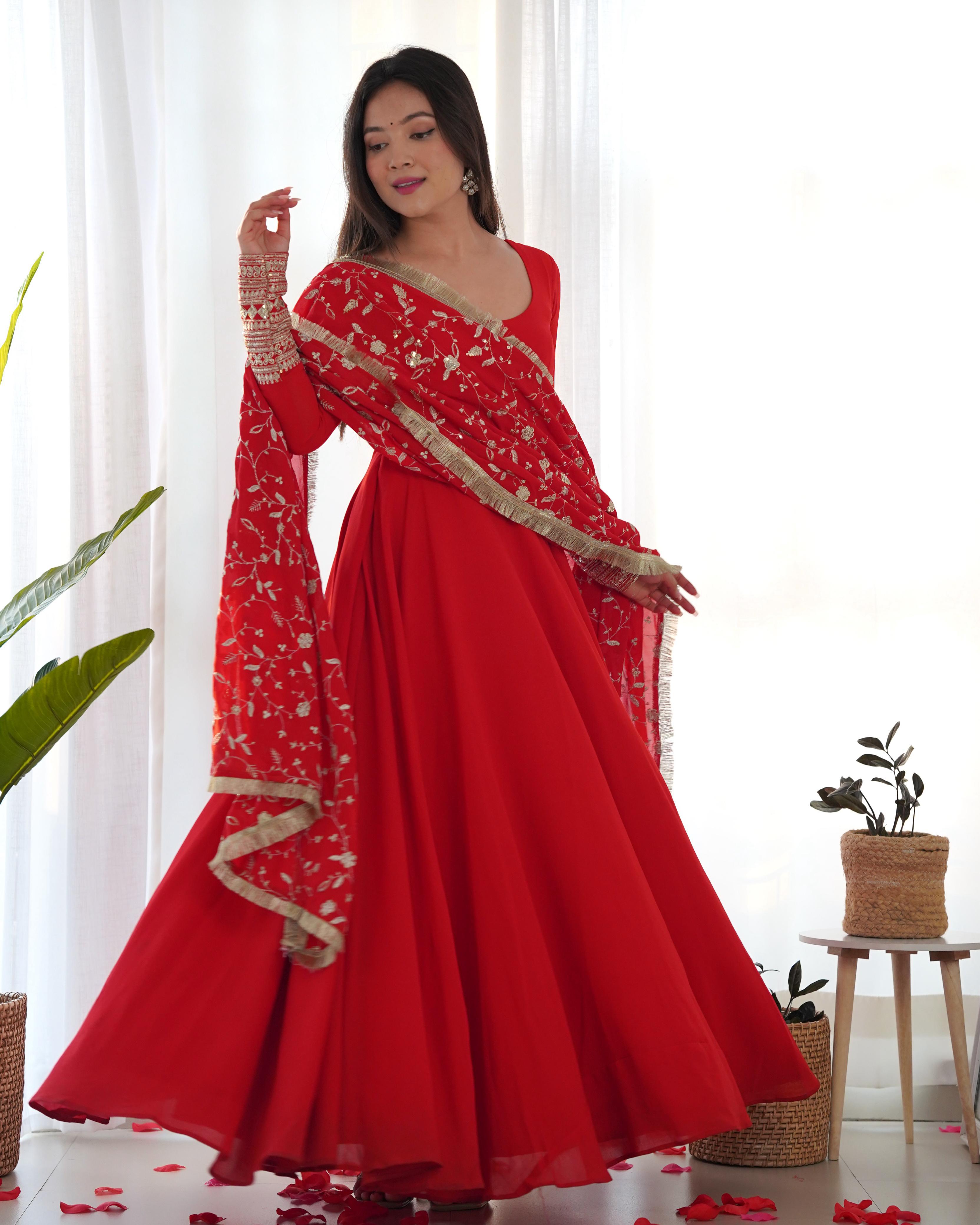 Heavy Soft Fox Georgette Gown with 7+ Meter Flair & Embroidered Dupatta – Elegant Party & Wedding Wear