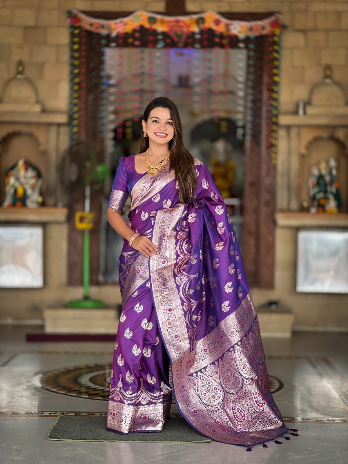 Soft Banarasi Silk Saree with Meenakari Weaving & Tassel Pallu