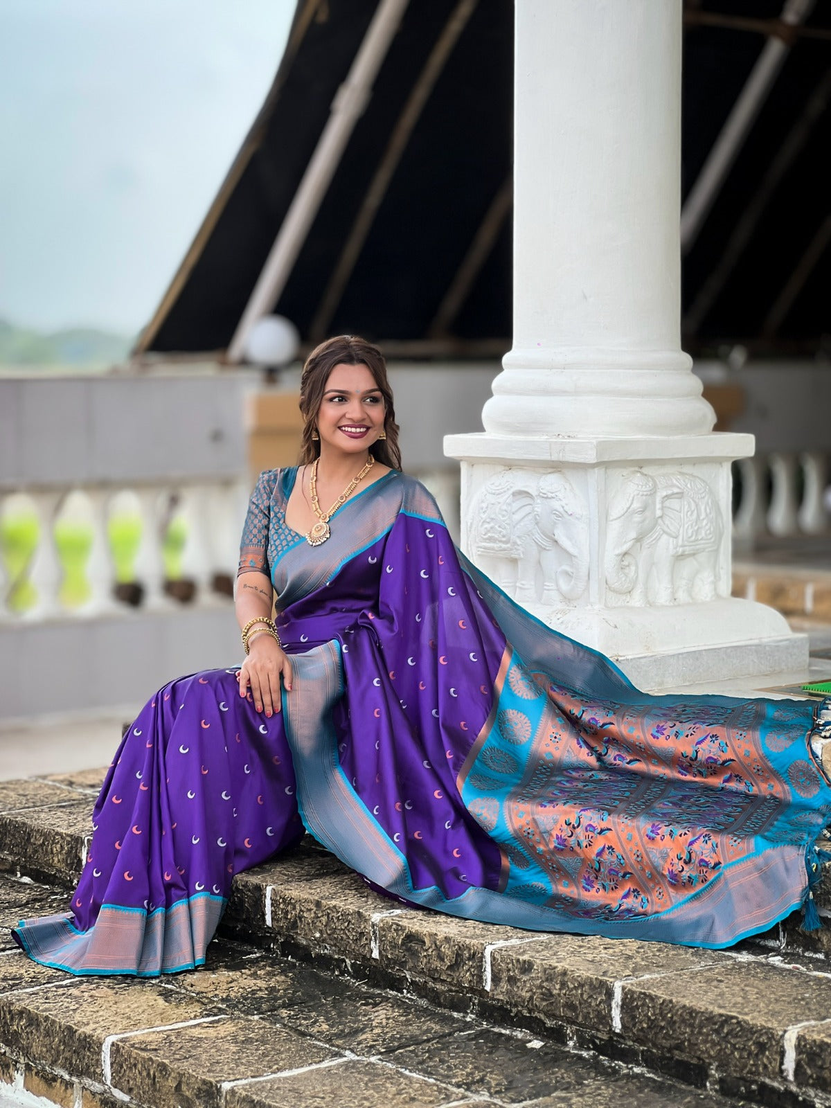 Soft Pethani Silk Saree with Meenakari Moon Design & Rich Pallu