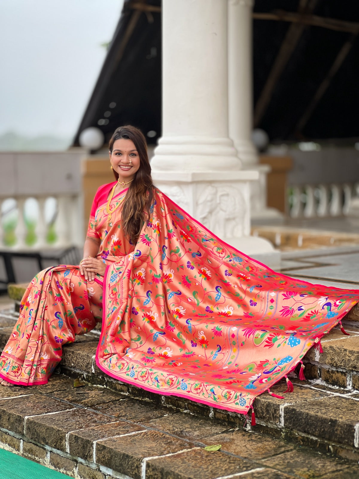 Soft Pethani Silk Saree with Peacock, Swan & Lotus Meenakari Weaving – Premium Rich Pallu