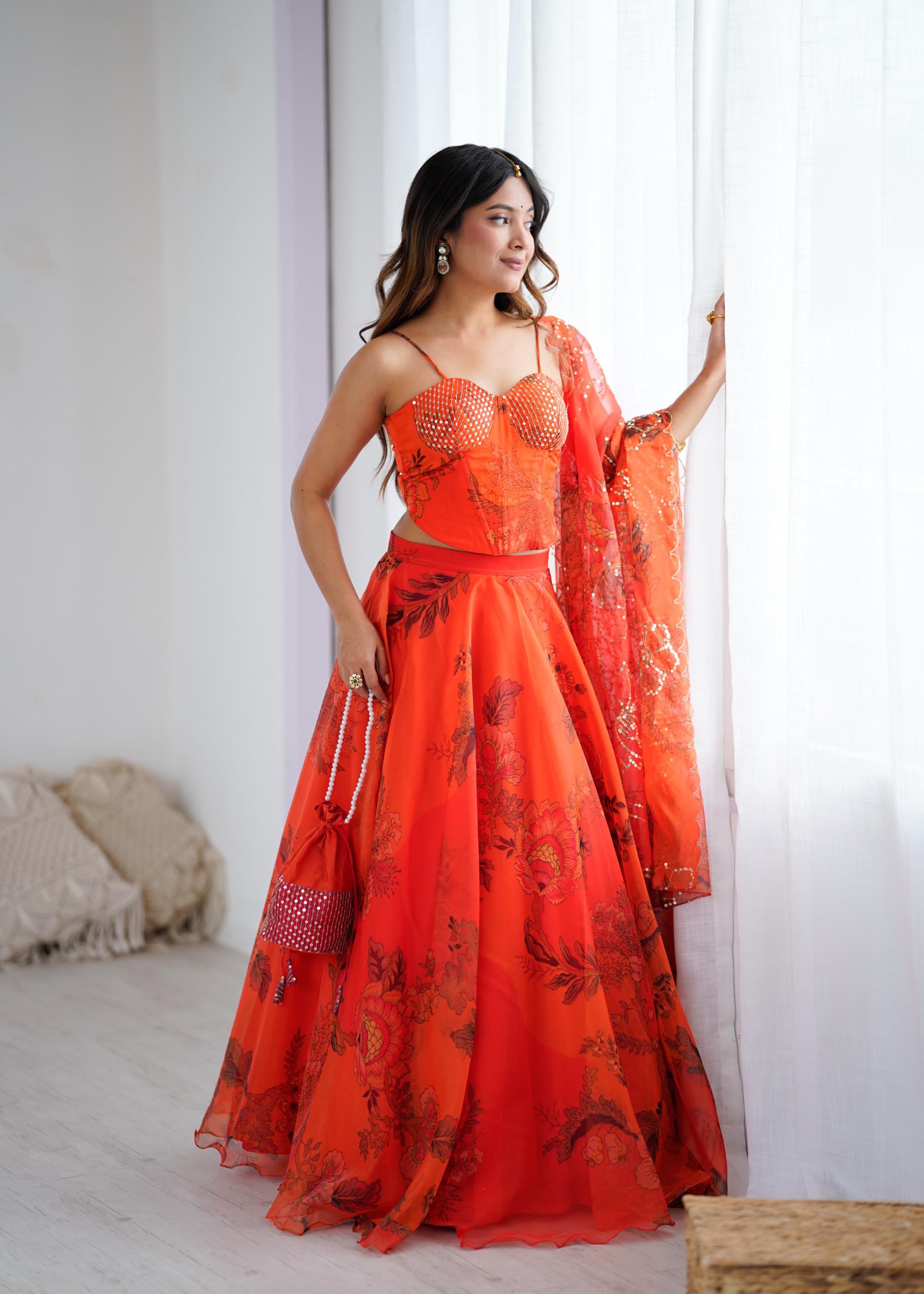 Pure Organza Digital Print Lehenga Choli Set with Dupatta & Batwa