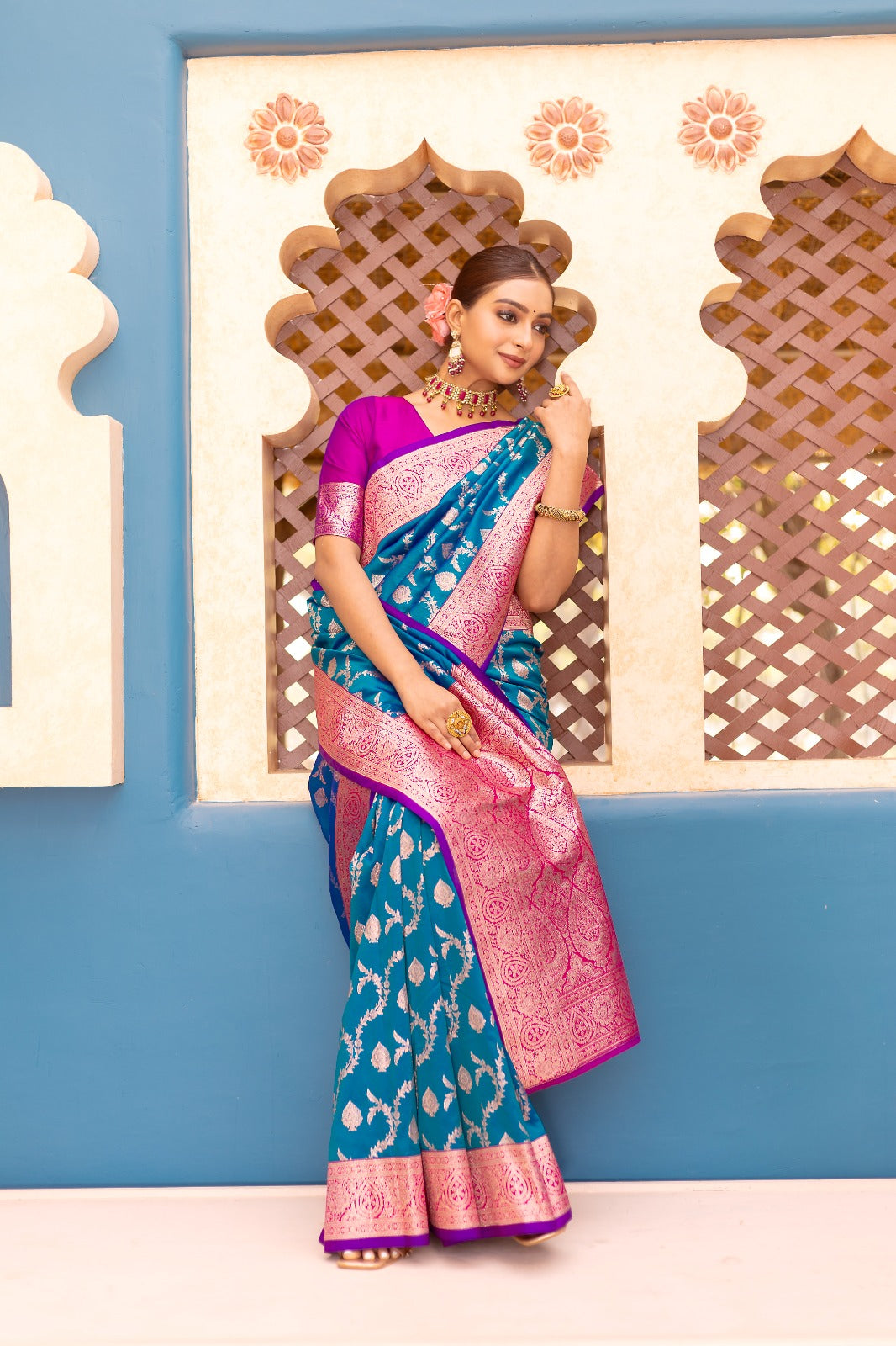 Premium Banarasi Semi Satin Silk Saree with Contrast Blouse