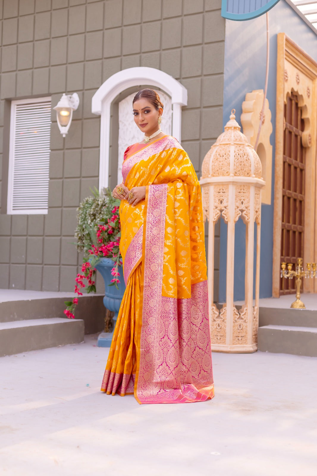 Premium Banarasi Semi Satin Silk Saree with Contrast Blouse