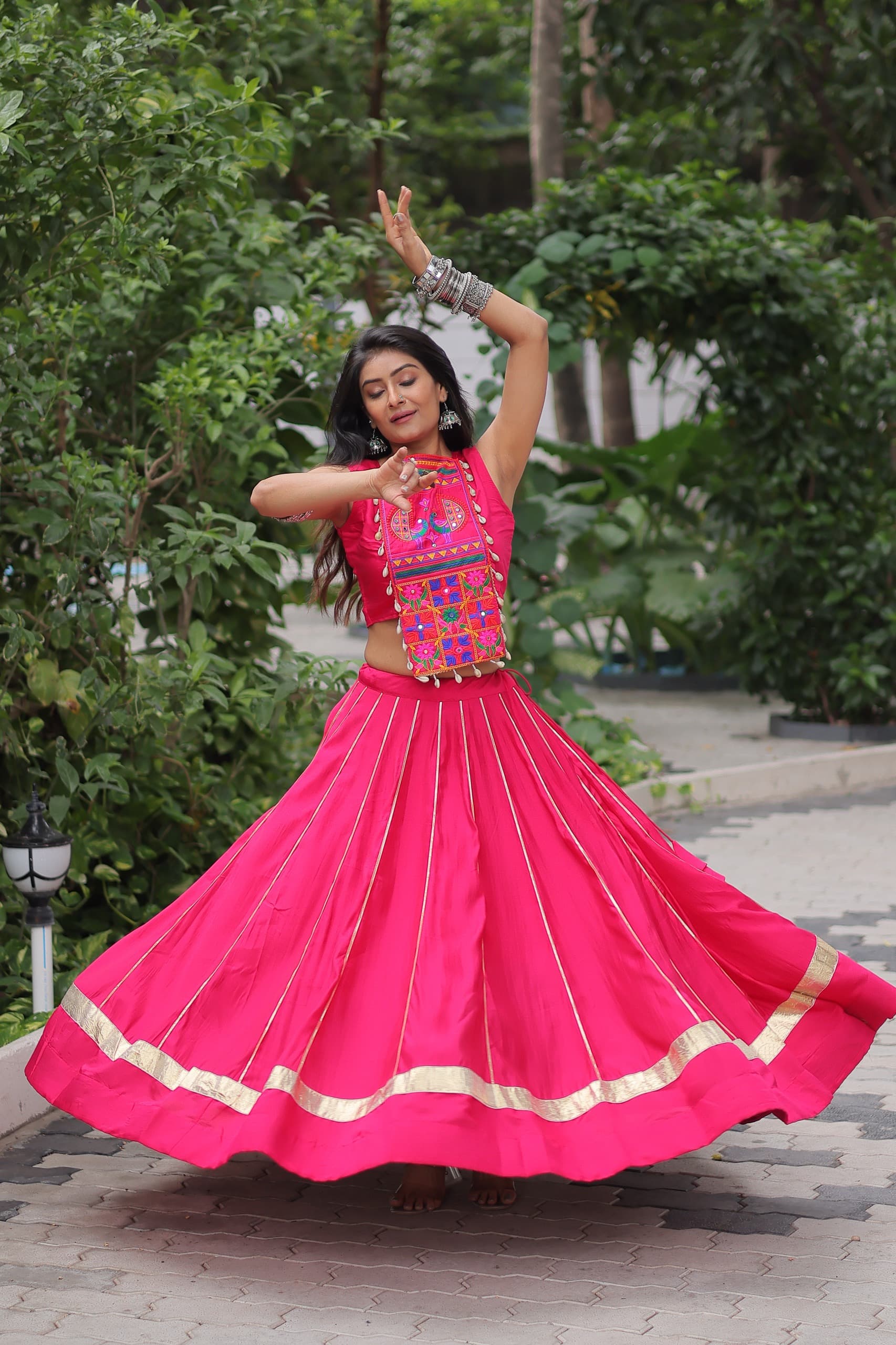 Roman Fabric Gota Patti Lehenga Choli with Kutchi Gamthi Work