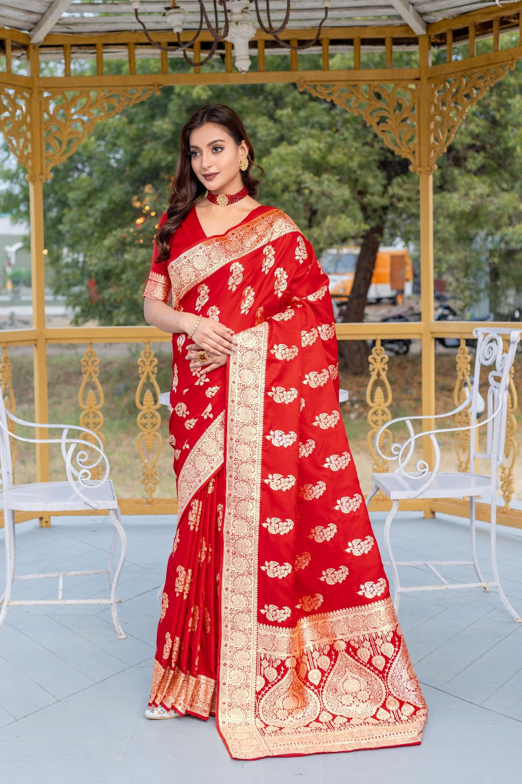 Banarasi Mushro Satin Silk Saree with Zari Work