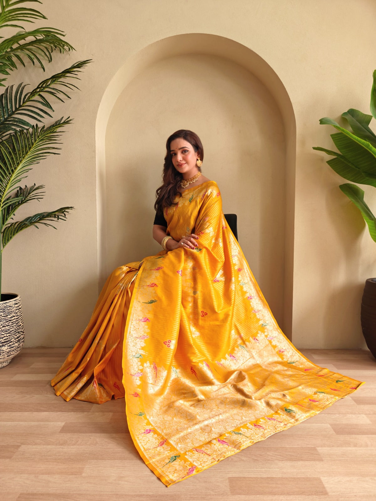 Banarasi Mushru Satin Silk Saree with Golden Zari Weaving