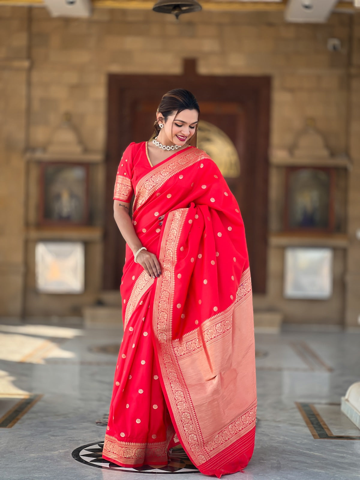 Soft Silk Wedding Saree with Gold Zari Design