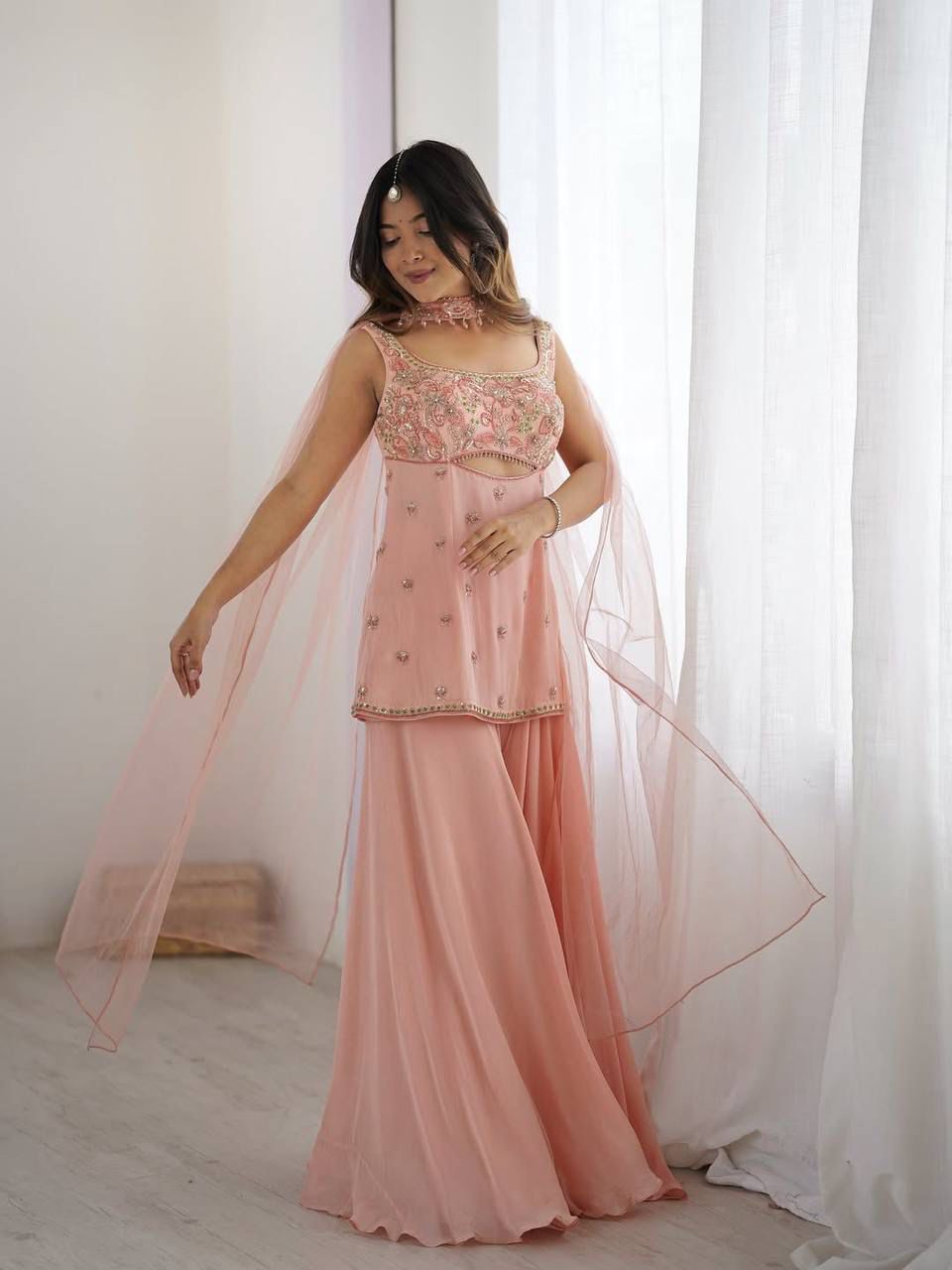 💃 DESIGNER WEAR INDO WESTERN THREE-PIECE SET WITH SEQUENCE EMBROIDERY 💫