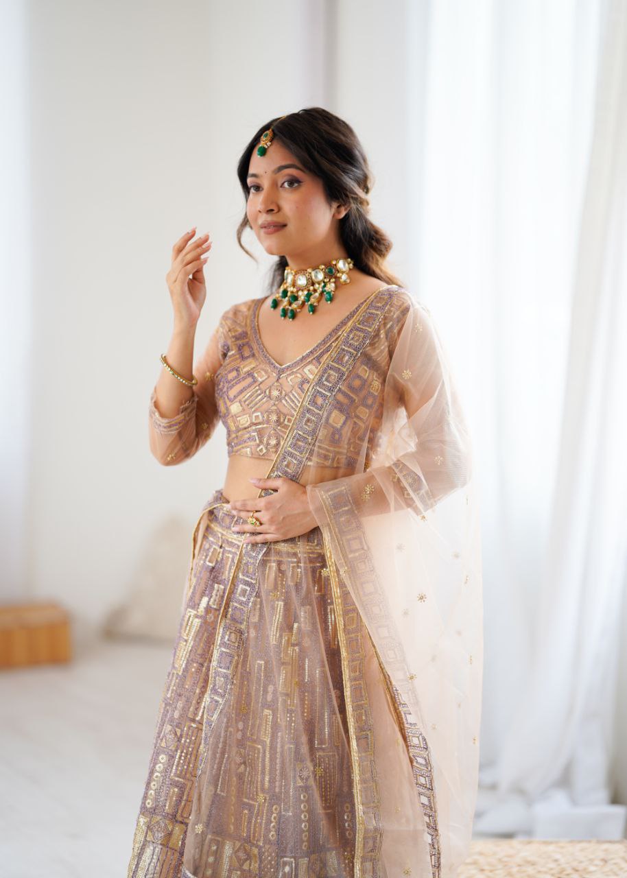Premium Butterfly Net Lehenga with Heavy Embroidery & Sequins – Semi-Stitched with Dupatta