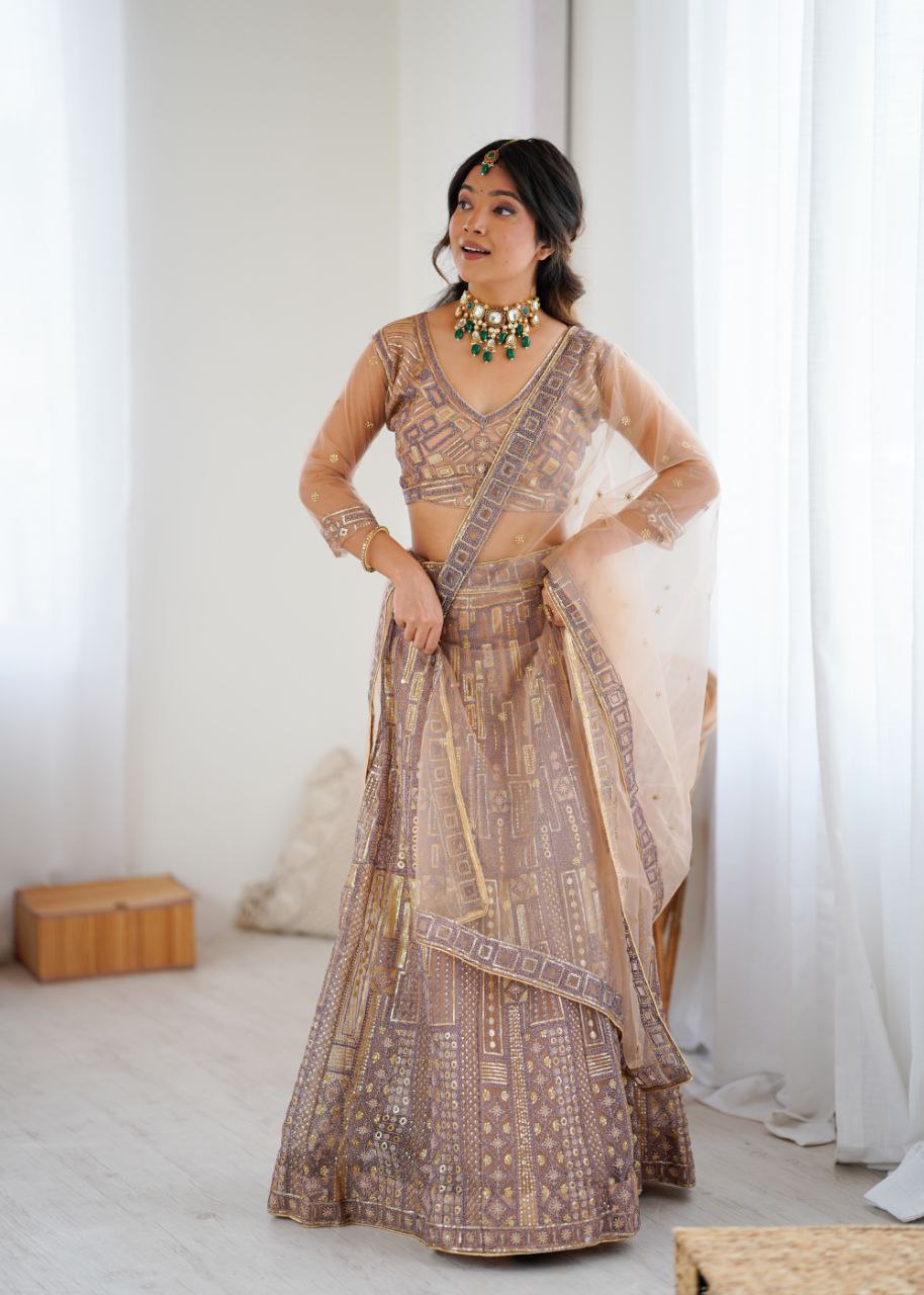 Premium Butterfly Net Lehenga with Heavy Embroidery & Sequins – Semi-Stitched with Dupatta