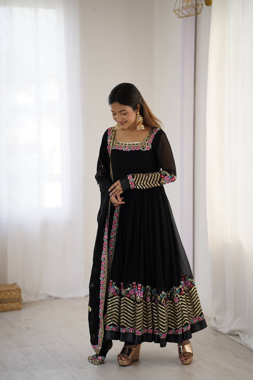 💃 Elegant Embroidered Sequence Designer Anarkali Three Piece Set – Festive & Party Ready 💫