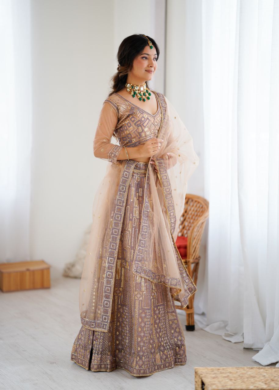Premium Butterfly Net Lehenga with Heavy Embroidery & Sequins – Semi-Stitched with Dupatta