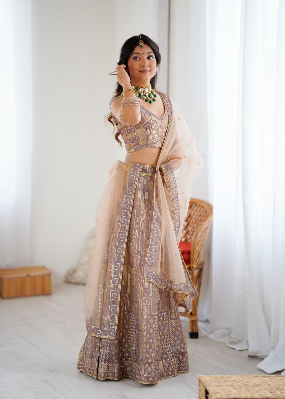 Premium Butterfly Net Lehenga with Heavy Embroidery & Sequins – Semi-Stitched with Dupatta