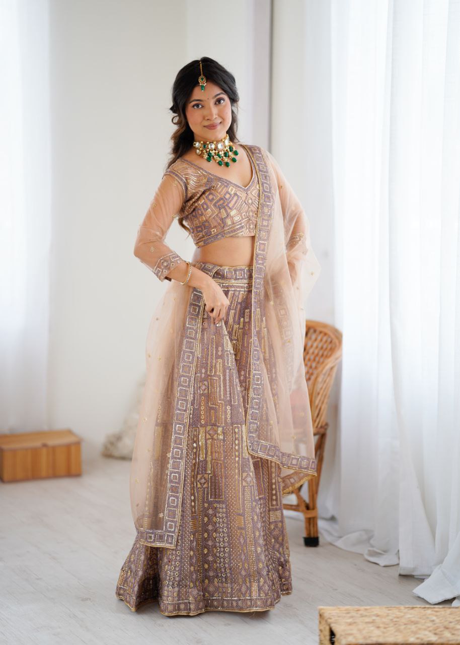 Premium Butterfly Net Lehenga with Heavy Embroidery & Sequins – Semi-Stitched with Dupatta