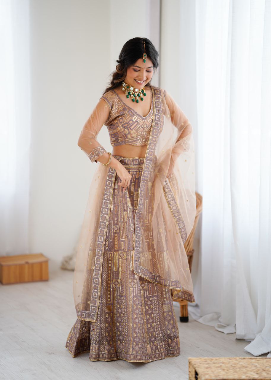 Premium Butterfly Net Lehenga with Heavy Embroidery & Sequins – Semi-Stitched with Dupatta