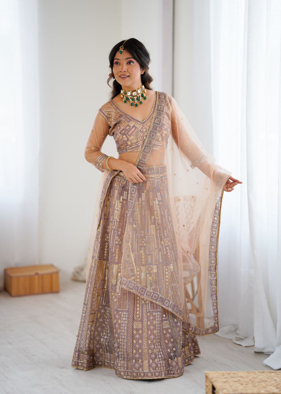 Premium Butterfly Net Lehenga with Heavy Embroidery & Sequins – Semi-Stitched with Dupatta