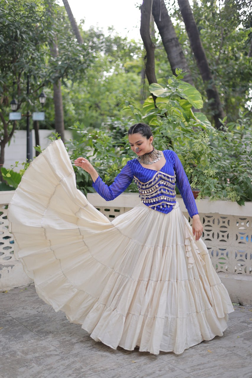 Kora Cotton Leheriya Print Full-Stitched Lehenga with 12-Meter Flair & Mirror Lace Blouse