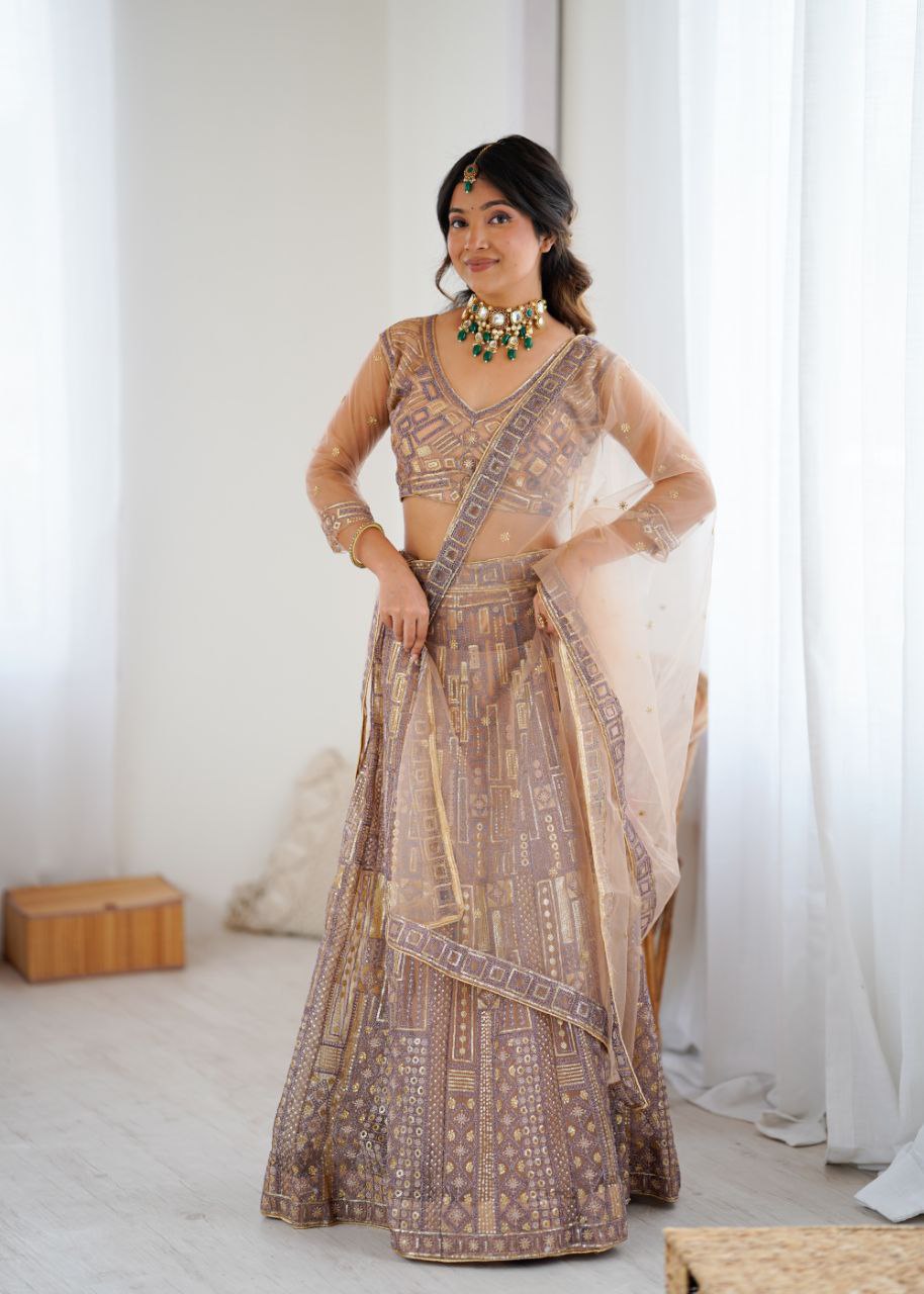 Premium Butterfly Net Lehenga with Heavy Embroidery & Sequins – Semi-Stitched with Dupatta