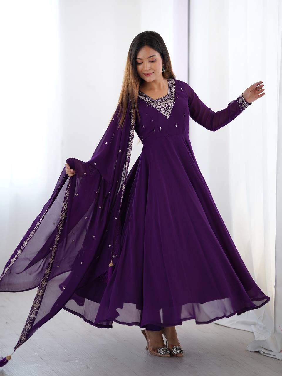 Soft Fox Georgette Anarkali with 6.5 Meter Flair & Embroidered Dupatta – Royal Party Wear