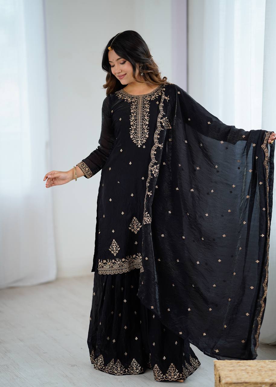 Designer Kediya Kurta with Sharara & Dupatta – Crunchy Silk, Embroidery Jari & Sequence Work