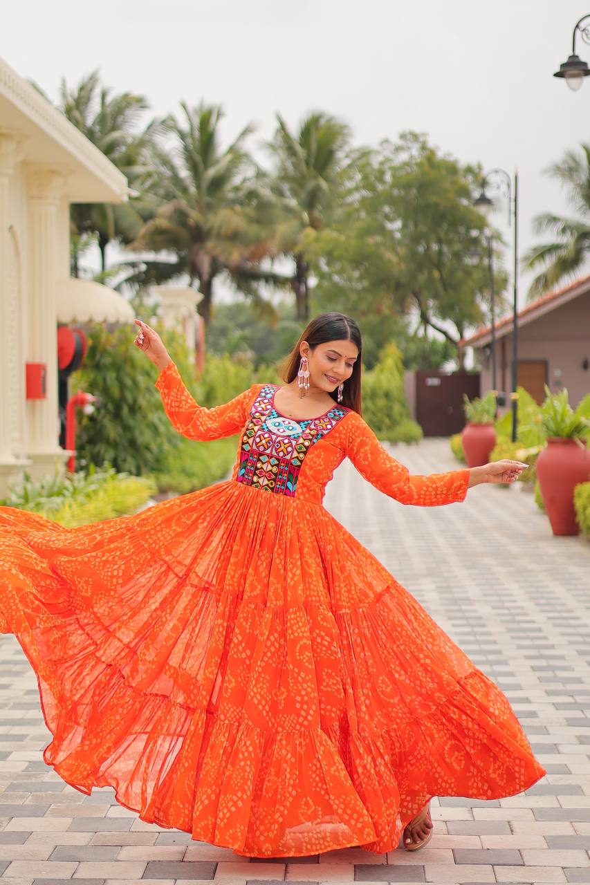 Faux Georgette Gown with Mirror Embroidery & 9m Flair