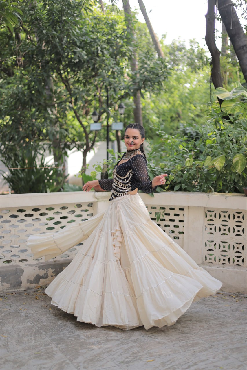 Kora Cotton Leheriya Print Full-Stitched Lehenga with 12-Meter Flair & Mirror Lace Blouse