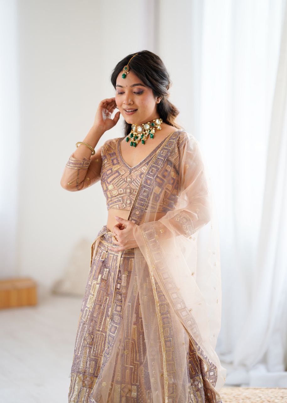 Premium Butterfly Net Lehenga with Heavy Embroidery & Sequins – Semi-Stitched with Dupatta