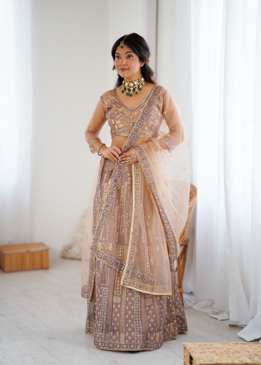 Premium Butterfly Net Lehenga with Heavy Embroidery & Sequins – Semi-Stitched with Dupatta