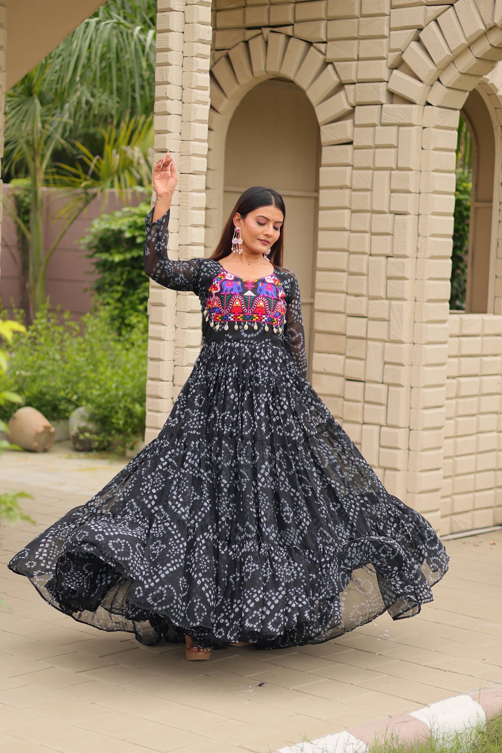 Faux Georgette Embroidered Gown with Mirror Work & 9m Flair