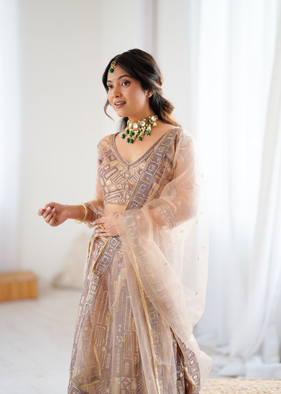 Premium Butterfly Net Lehenga with Heavy Embroidery & Sequins – Semi-Stitched with Dupatta