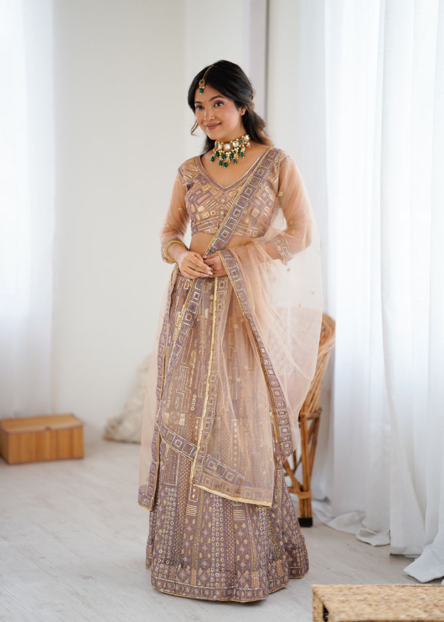 Premium Butterfly Net Lehenga with Heavy Embroidery & Sequins – Semi-Stitched with Dupatta