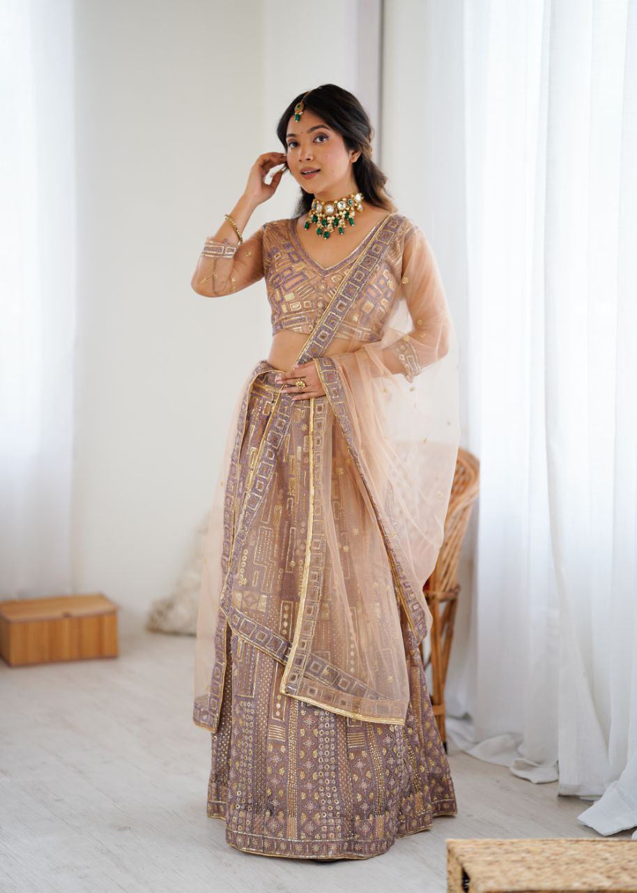 Premium Butterfly Net Lehenga with Heavy Embroidery & Sequins – Semi-Stitched with Dupatta