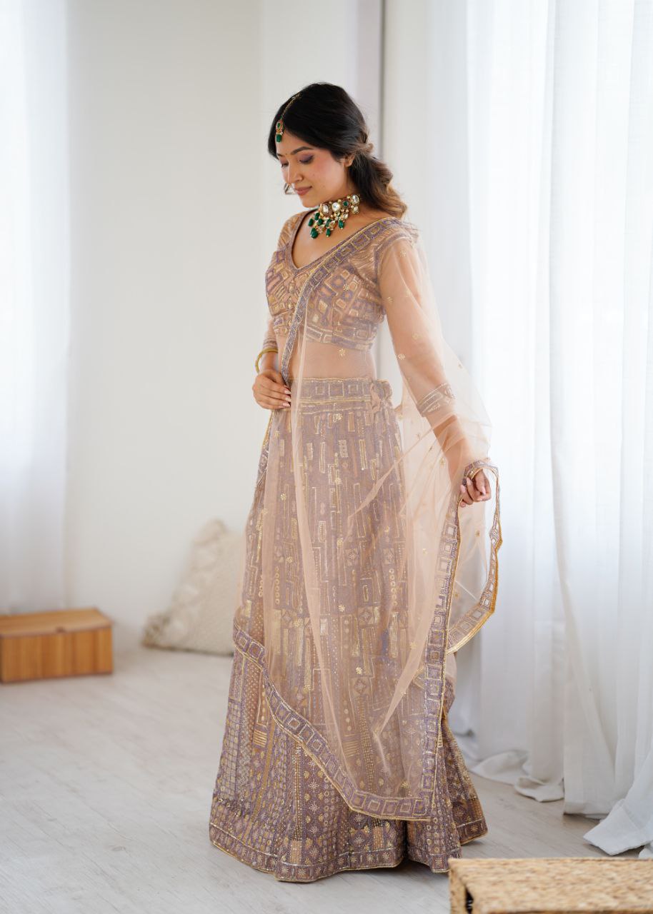Premium Butterfly Net Lehenga with Heavy Embroidery & Sequins – Semi-Stitched with Dupatta