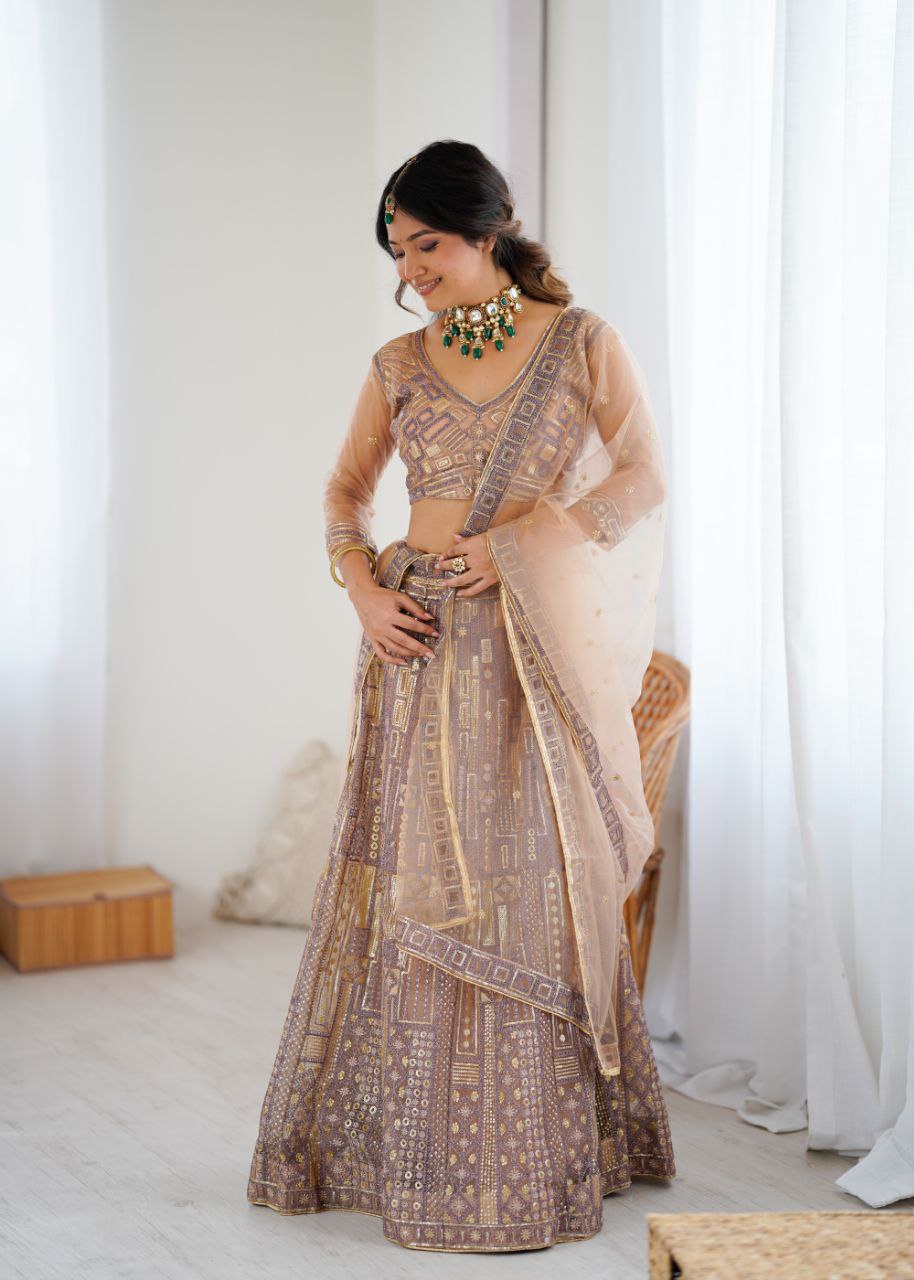 Premium Butterfly Net Lehenga with Heavy Embroidery & Sequins – Semi-Stitched with Dupatta