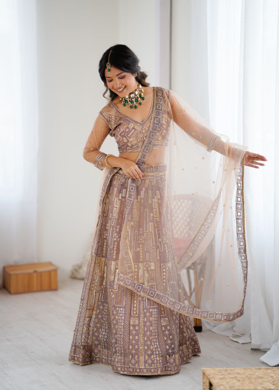 Premium Butterfly Net Lehenga with Heavy Embroidery & Sequins – Semi-Stitched with Dupatta