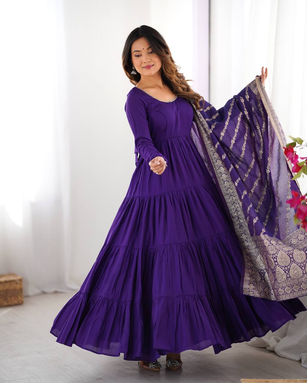 Heavy Romansilk Chanderi Anarkali with 9+ Meter Flair & Banarasi Jacquard Dupatta – Royal Festive Wear