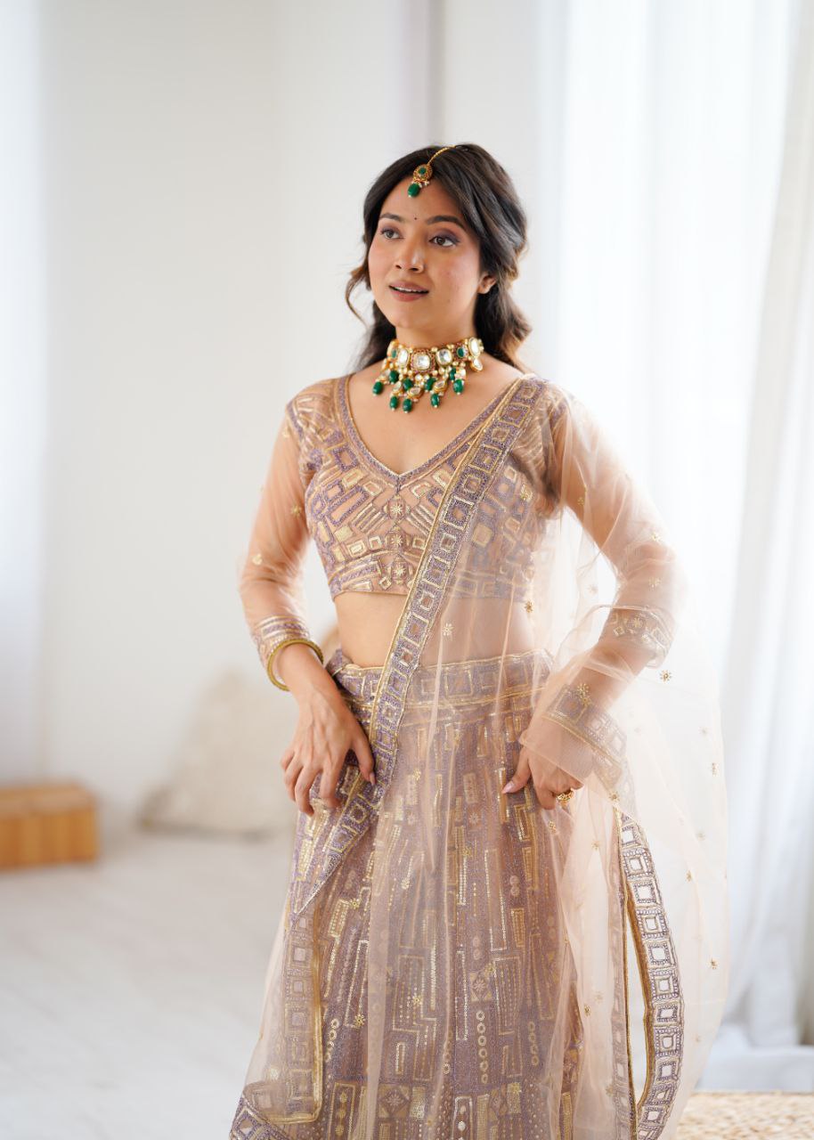 Premium Butterfly Net Lehenga with Heavy Embroidery & Sequins – Semi-Stitched with Dupatta