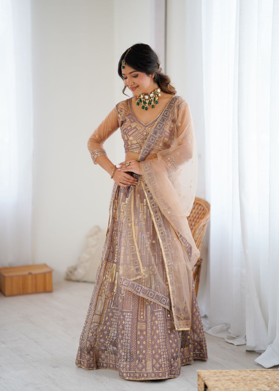Premium Butterfly Net Lehenga with Heavy Embroidery & Sequins – Semi-Stitched with Dupatta
