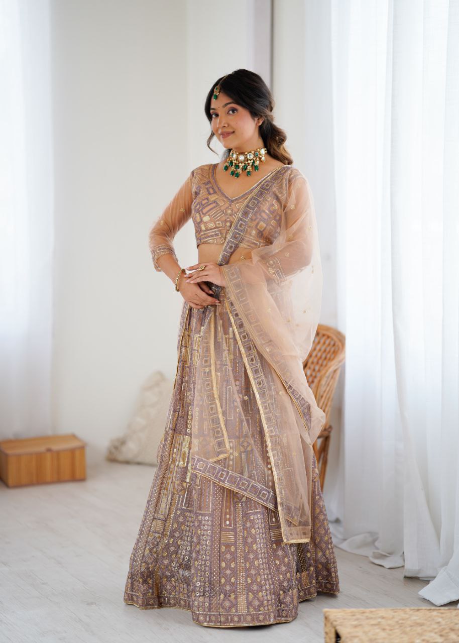 Premium Butterfly Net Lehenga with Heavy Embroidery & Sequins – Semi-Stitched with Dupatta
