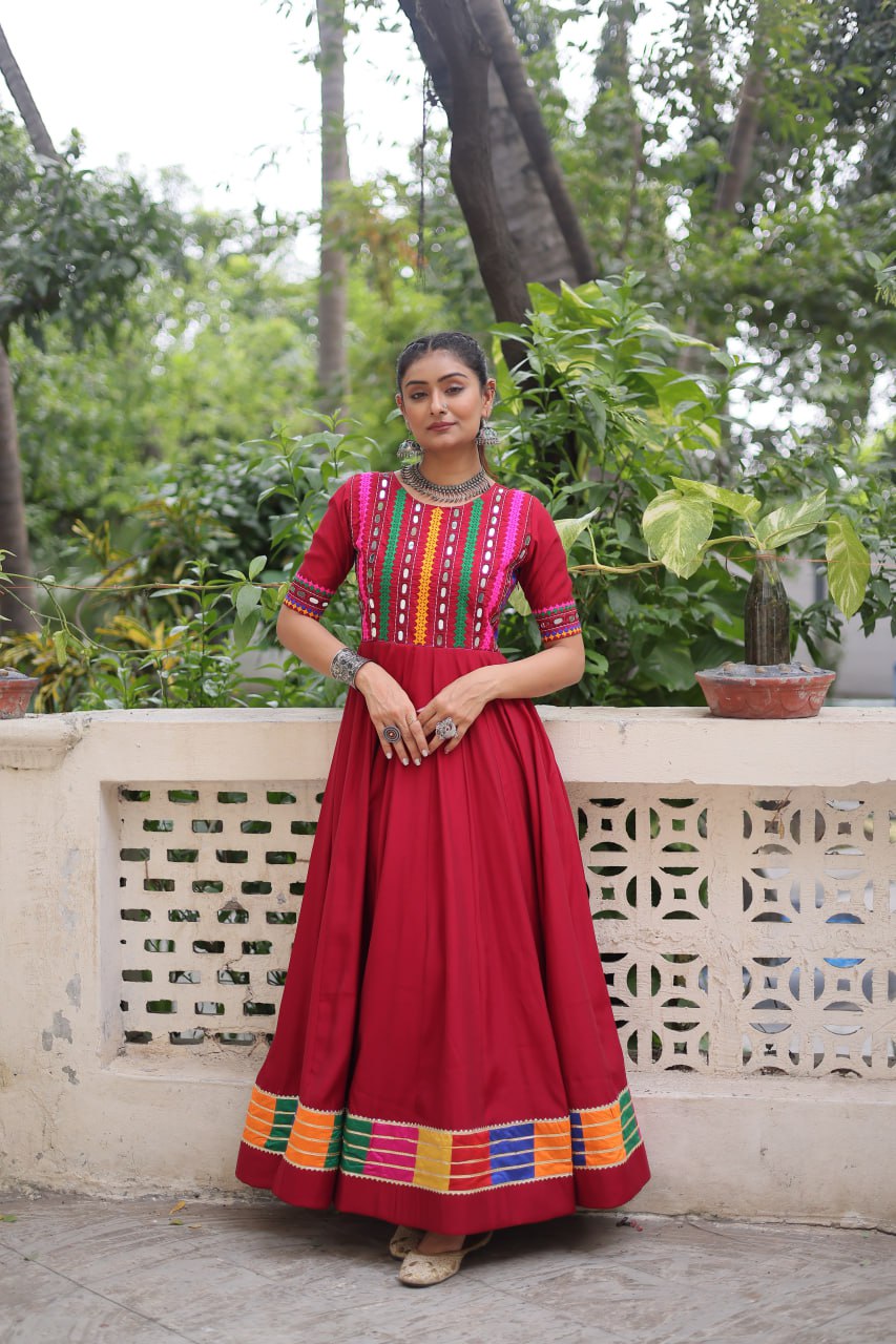 Navratri Roman Gown with Multicolor Thread Embroidery & Real Mirror Work – Ready to Wear