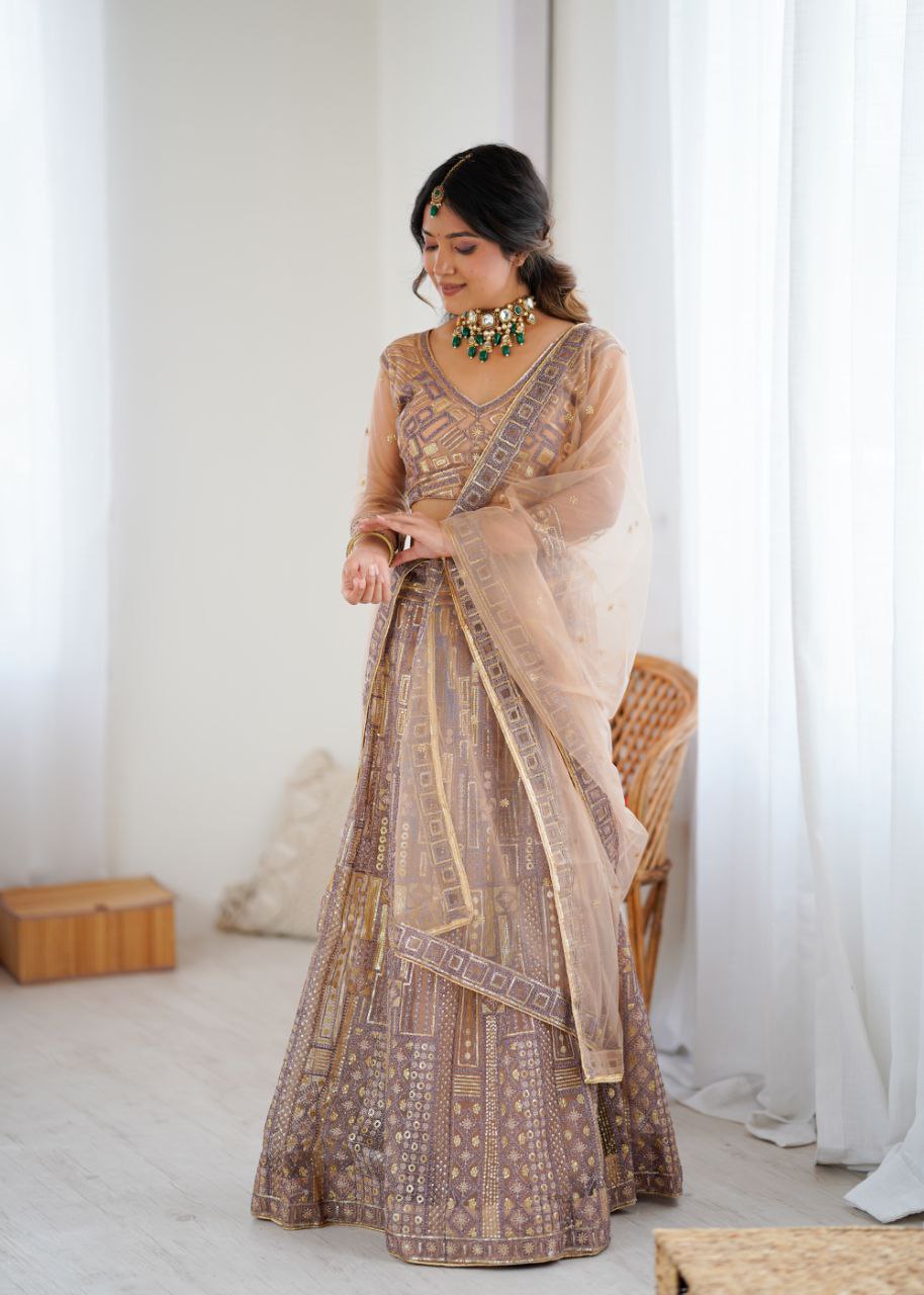 Premium Butterfly Net Lehenga with Heavy Embroidery & Sequins – Semi-Stitched with Dupatta